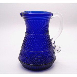 Cobalt Blue Pilgrim Glass Creamer Pitcher Hand Blown Applied Handle Vintage 4.5"